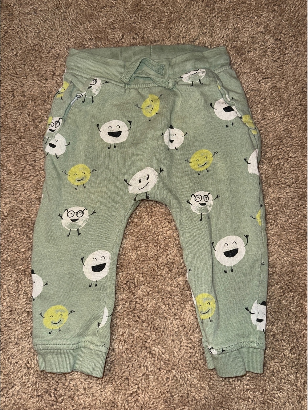 H&M Baby Green Cotton Sweatpants with Smiley Faces Size 12-18 Months